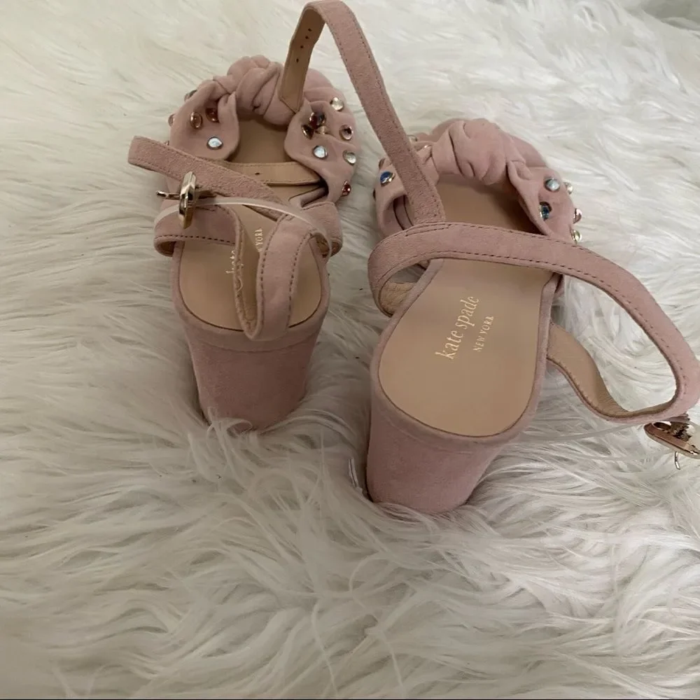 NEW! Kate Spade Emilia pink blush studs suede chunky heels sandals 7.5M